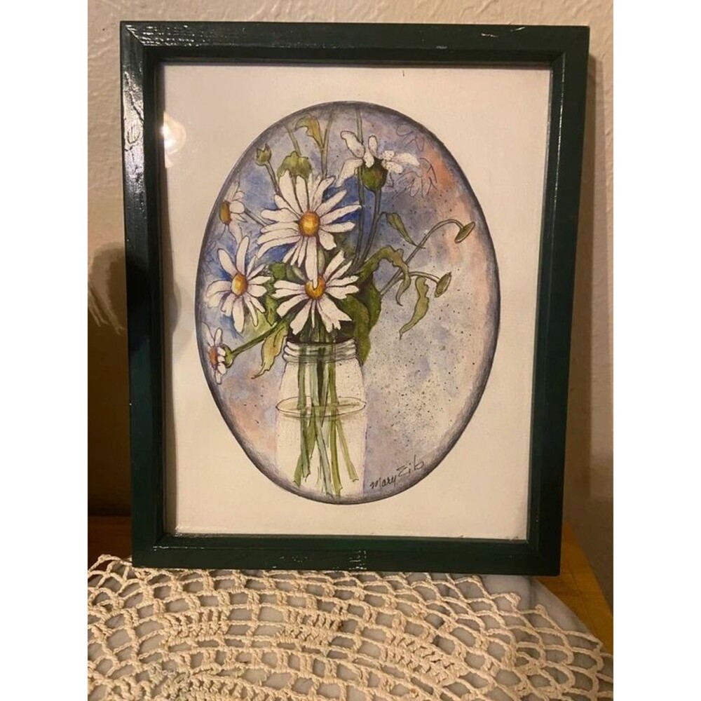 Vintage Mary Eib Original Framed Daisy Watercolor Painting 9x11